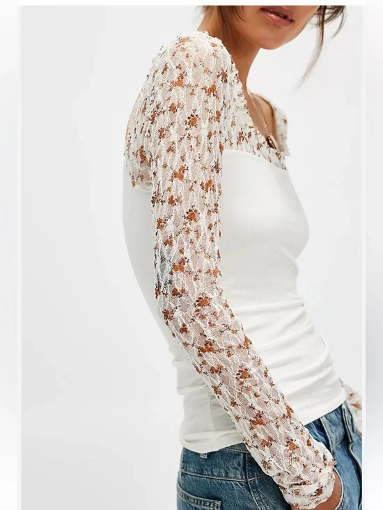 FREE PEOPLE Floral LaceSleeve JOSIE Twofer Top NWT - Picture 4 of 9